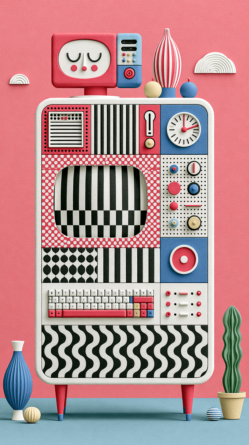 Retro computer console illustration in pink, blue, and cream mosaic patterns